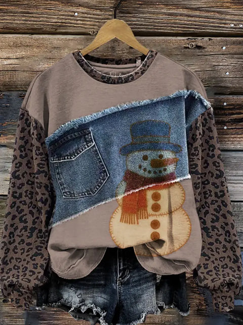 Snowman Patchwork Leopard Print Denim Vision Casual Cotton Sweatshirt