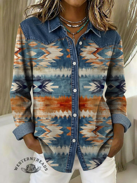 Women's Aztec Print Patchwork Denim Casual Cotton Shirt