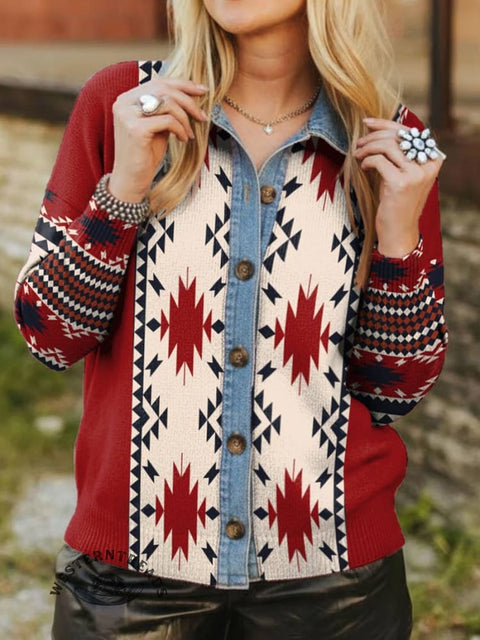 Aztec Print Denim Patchwork Contrast Plaid Polo Collar Button Cardigan Sweater