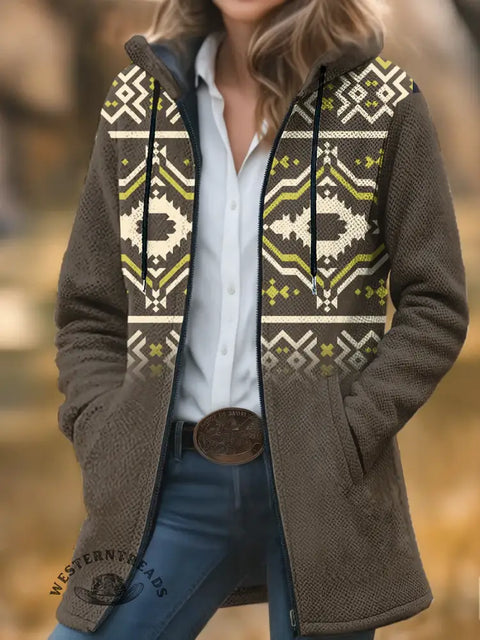 Retro Aztec Unisex Plush Thick Long-Sleeved Cardigan Coat