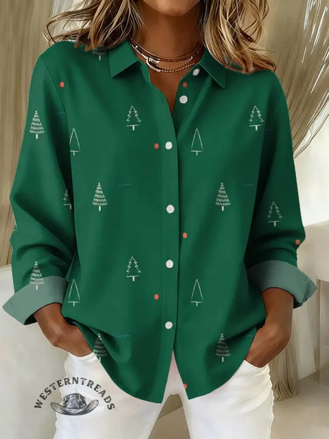Women's Christmas Tree Art Print Casual Cotton Shirt