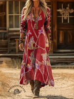 V-neck Retro Print Casual Loose Western Dress