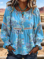Women's Vintage Flowers Print Cutwork Patchwork Casual Shirt
