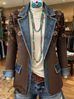 Brown Floral Print Patchwork Denim Sweater