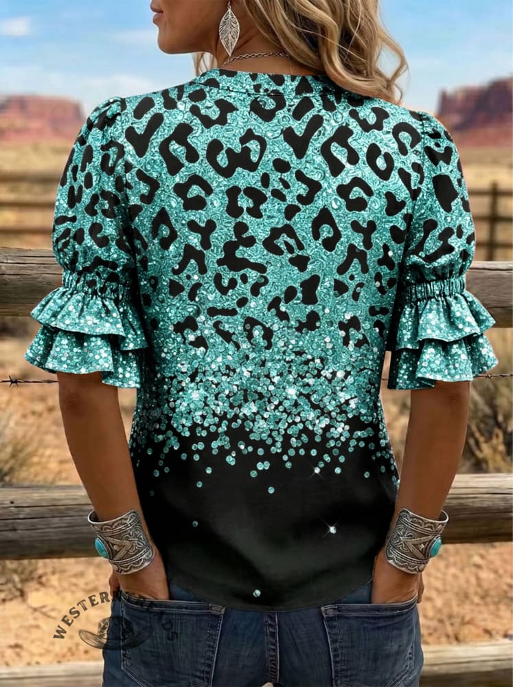 Women's Leopard Print Puff Sleeve Casual Shirt