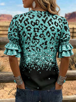 Women's Leopard Print Puff Sleeve Casual Shirt