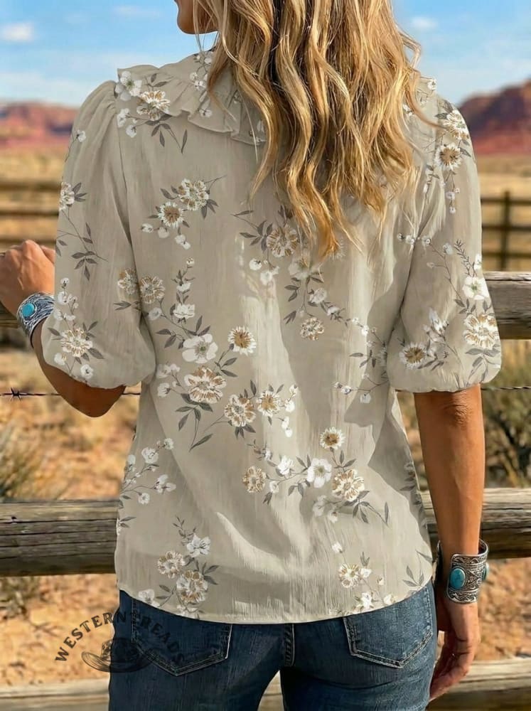 Women's Retro Floral Art Puff Sleeve Casual Shirt