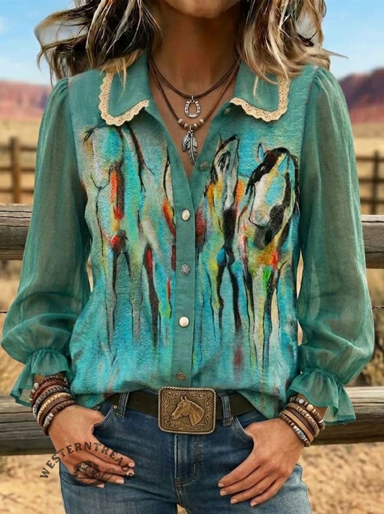 Women's Horse Art Print Casual Lace Patchwork Shirt