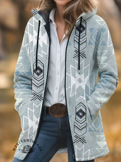 Aztec Print Unisex Plush Thick Long-sleeved Cardigan Coat
