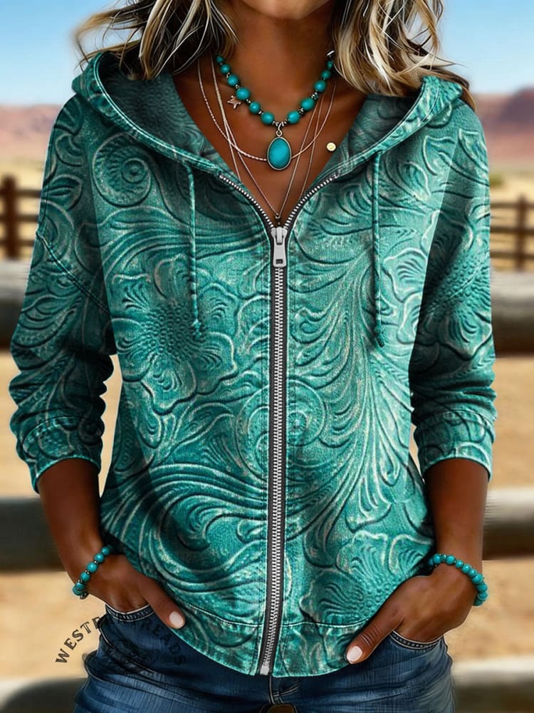 Western Art Print Casual Long Sleeve Denim Zipper Hoodie Coat
