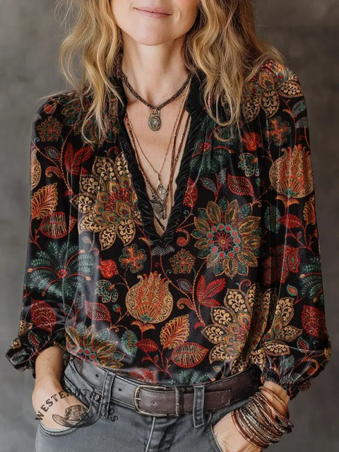 Retro color flower V-neck long-sleeved shirt