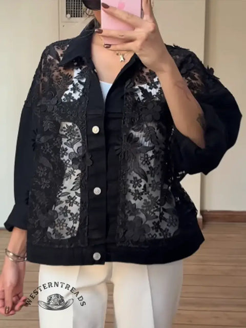 Women's Casual Lace-Patch Denim Jacket