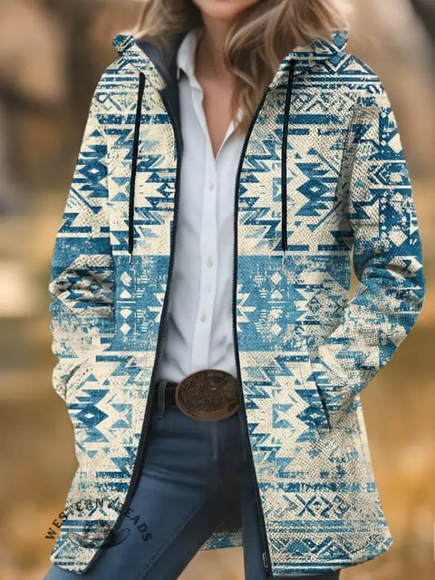Retro Washed Denim Visual Aztec Unisex Plush Thick Long-sleeved Cardigan Coat