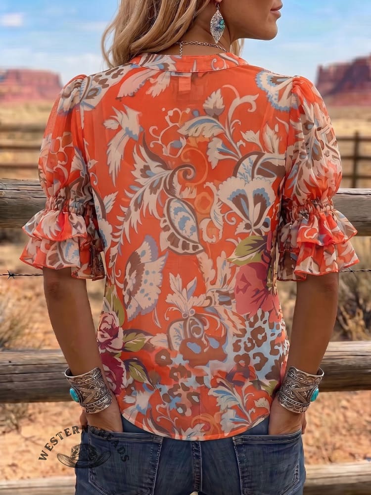 Vintage Art Print Comfortable Summer Fabrics Puff Sleeve Casual Shirt