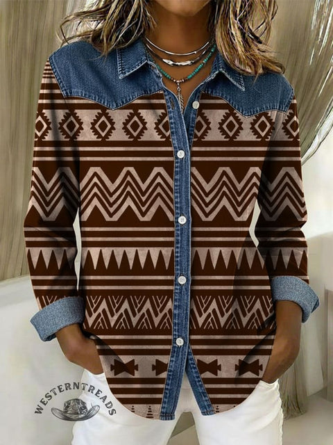Women's Aztec Print Patchwork Denim Casual Cotton Shirt