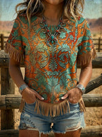 Wild West Art Print Tassel Patchwork Casual Top