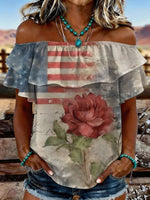 Women's Vintage US Independence Day Flowers Print Elastic Off-Shoulder Double-Layer Casual Shirt