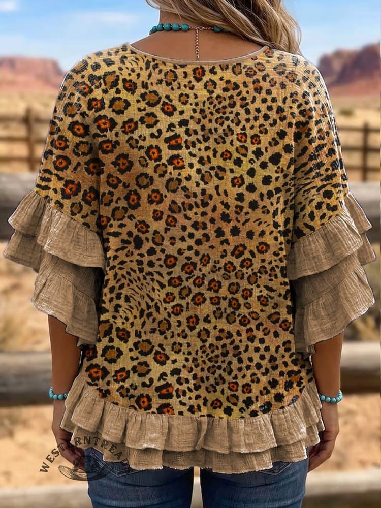 Vintage Leopard Art Patchwork Hollow Design Cotton And Linen Shirt