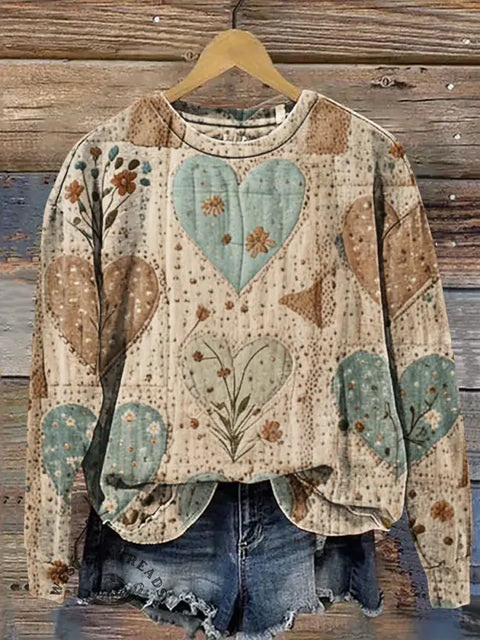 Retro Heart-shaped Fabric Visual Print Casual Cotton Sweatshirt
