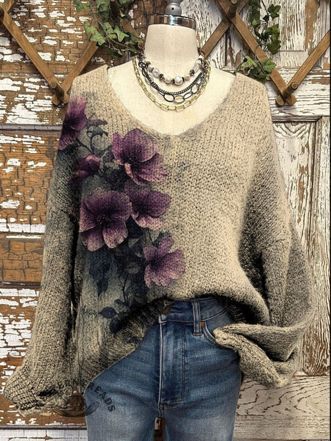 Women's Floral Art Pattern Print Casual V-neck Pullover Knit Top