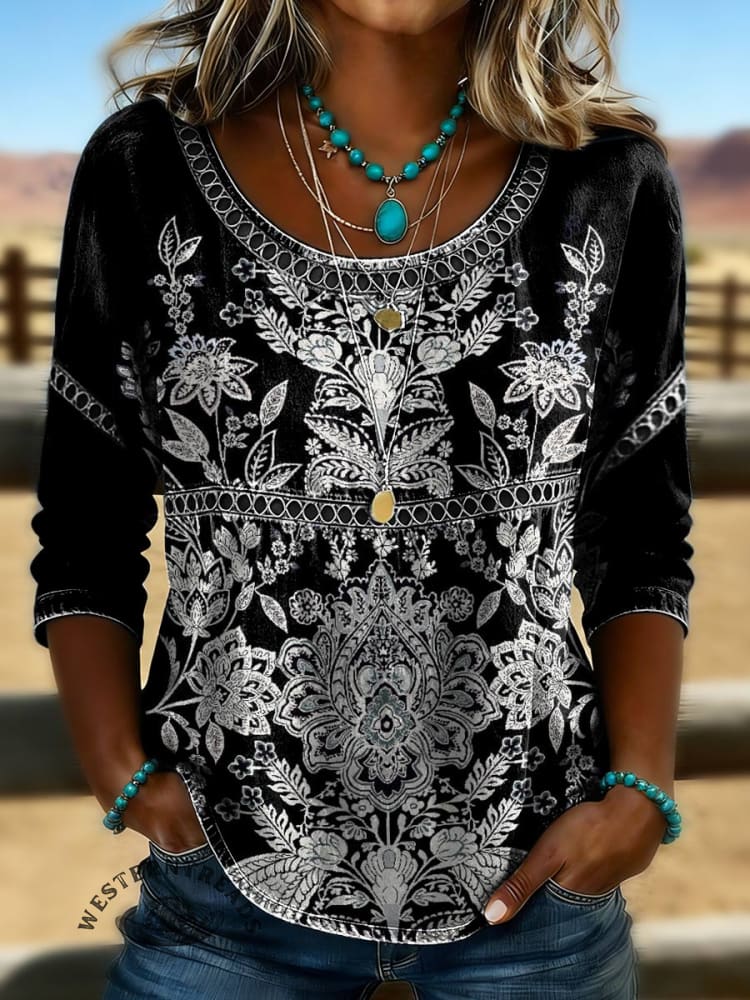 Women's Vintage Print Casual Hollow Denim Shirt