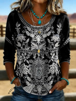 Women's Vintage Print Casual Hollow Denim Shirt