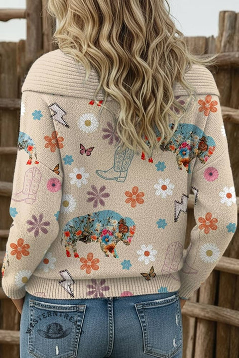 Women's Floral West Print Casual Cotton Sweater