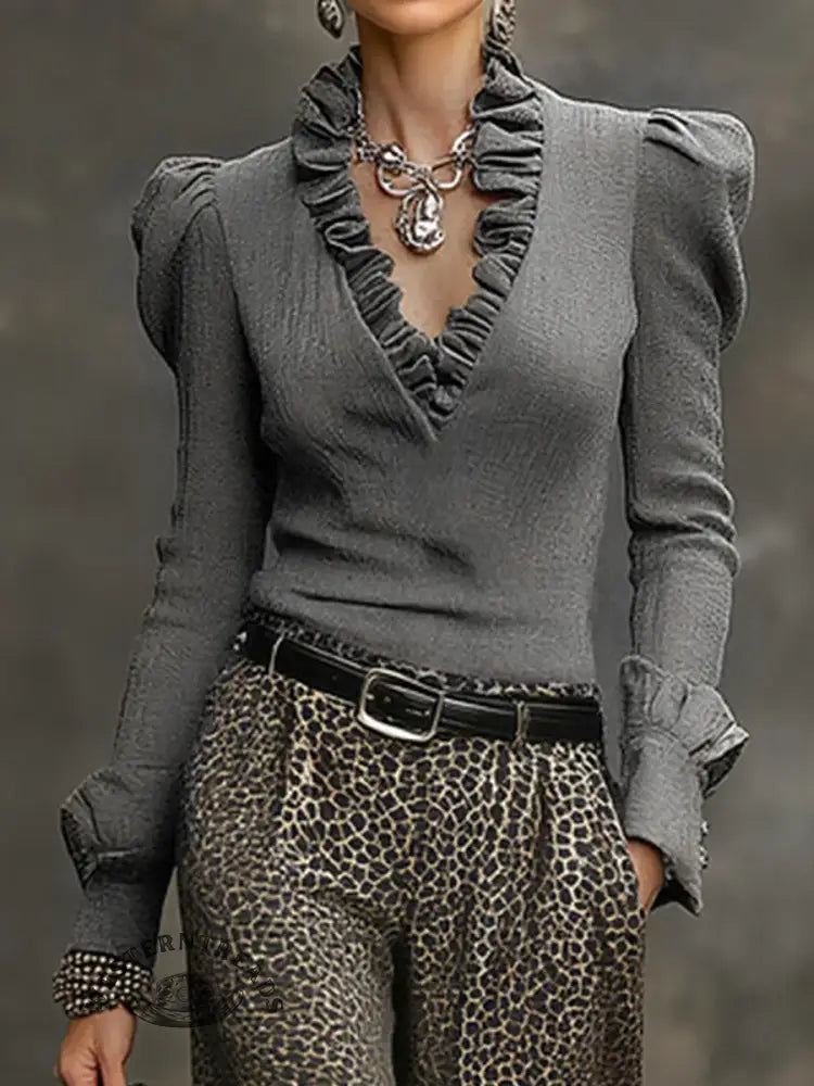 Women's Long Sleeve Ruffled Casual Shirt
