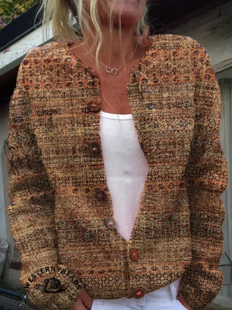 Vintage TexturePrint Buttoned Cardigan Sweater