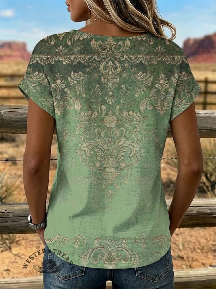 Retro Floral Art Tie Cotton Linen T-shirt