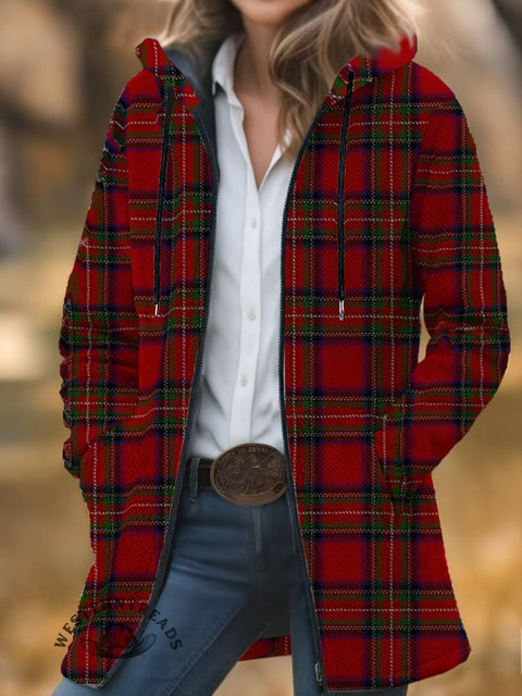 Christmas Plaid Print Unisex Plush Thick Long-sleeved Cardigan Coat