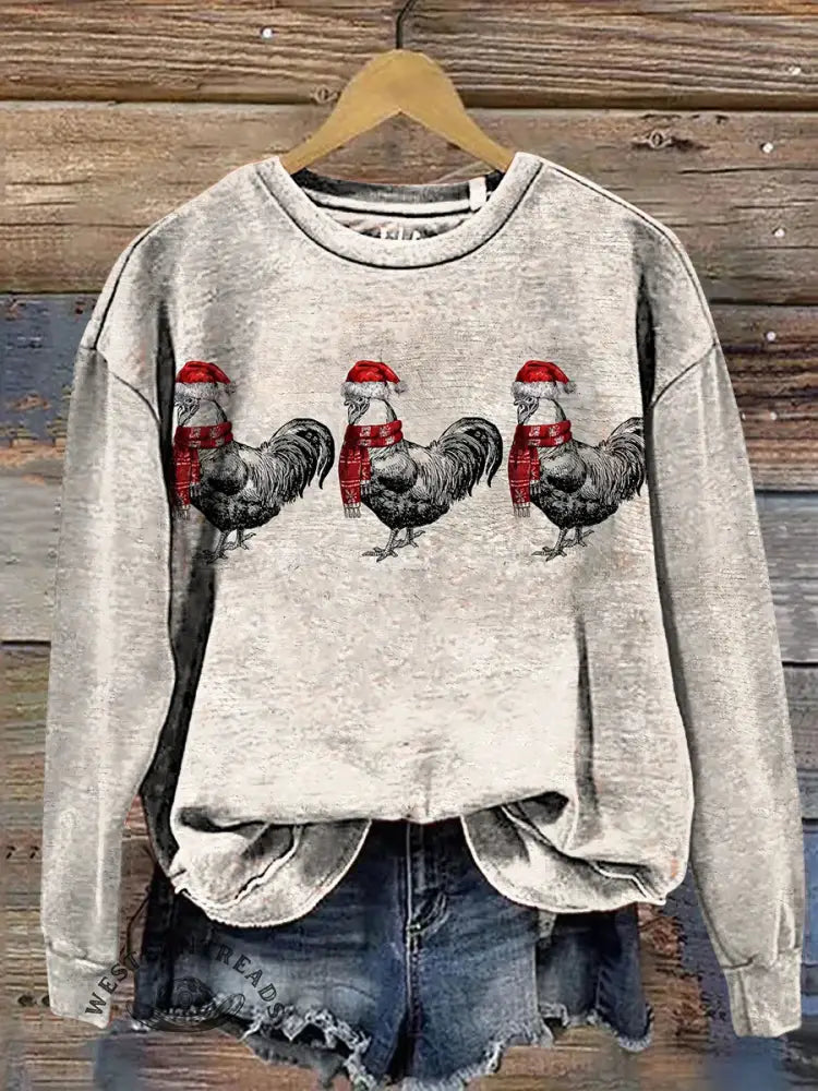 Christmas Chicken Art Print Casual Cotton Sweatshirt