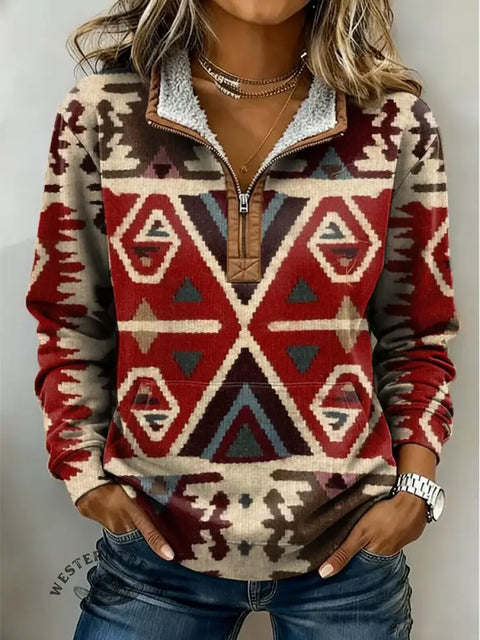 Simple Art Print Casual Half-Zip Cotton Sweatshirt