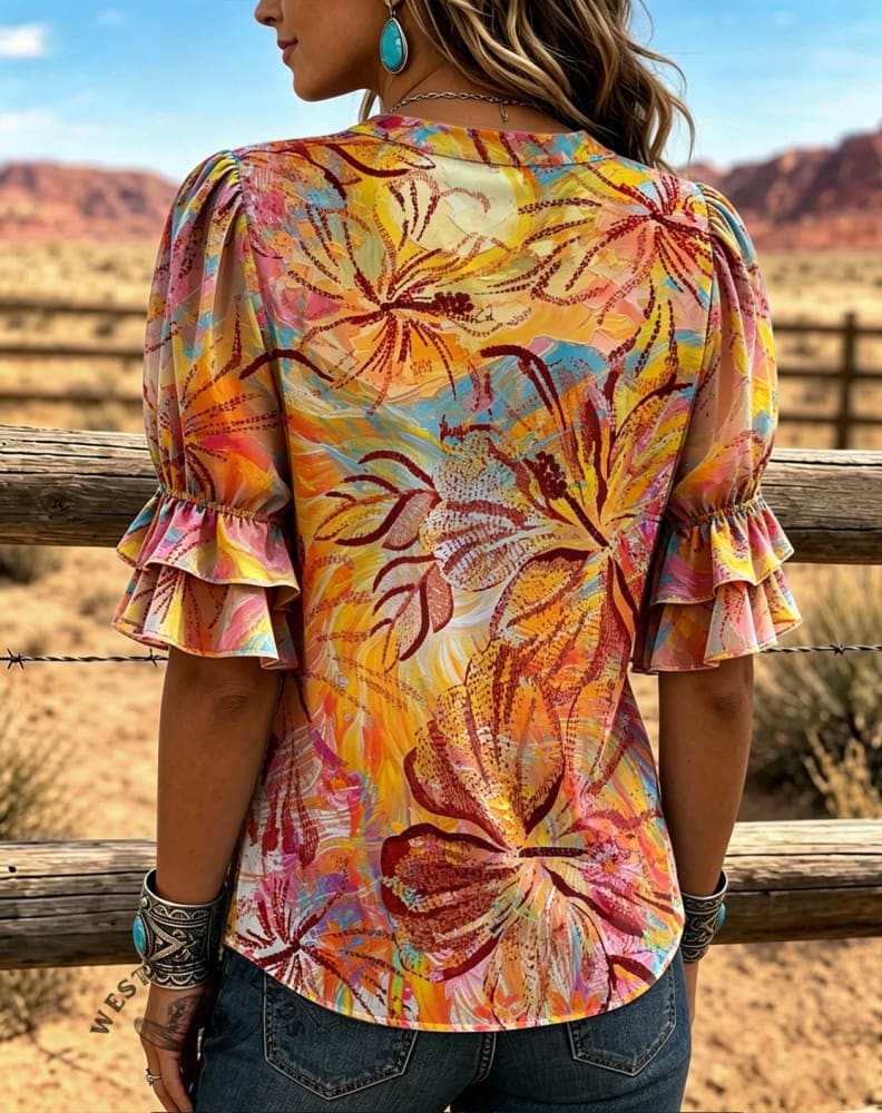 Vintage Floral Art Print Comfortable Summer Fabrics Casual Shirt