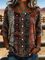 Vintage Abstract Art Print Casual 3/4 Sleeves Hollow Denim Shirt