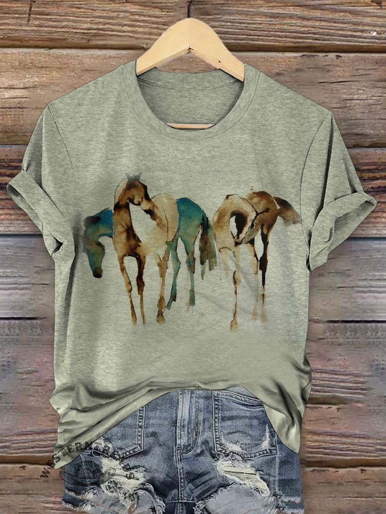 Retro Funny Horse Art Print Casual T-shirt