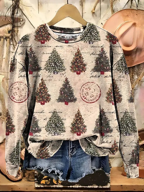 Retro Art Print Casual Cotton Christmas Sweatshirt