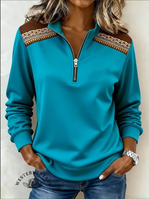 Casual Aztec Plush Half-Zip Cotton Sweatshirt