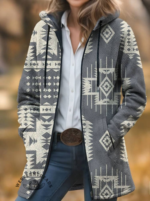 Aztec Print Unisex Plush Thick Long-sleeved Cardigan Coat