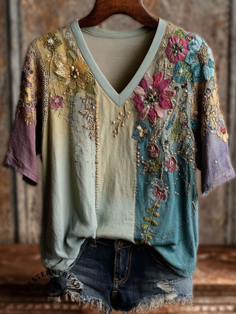 Women's Vintage Floral Print Casual V-Neck T-Shirt