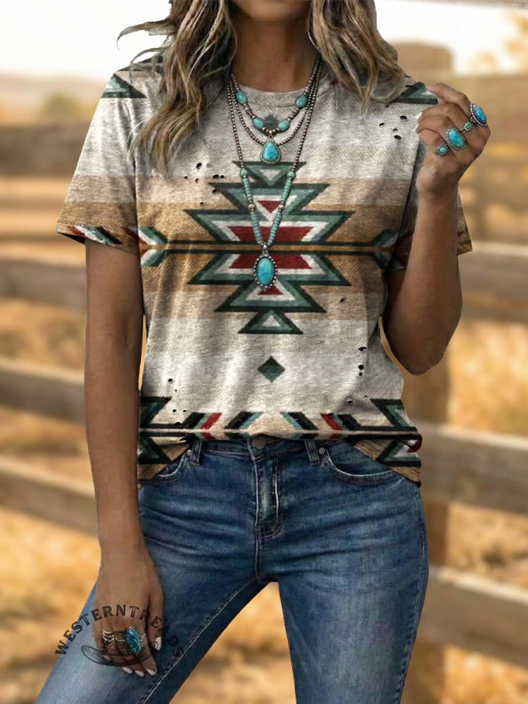 Vintage Aztec Art Elegant Soft Western Cotton T-shirt Top