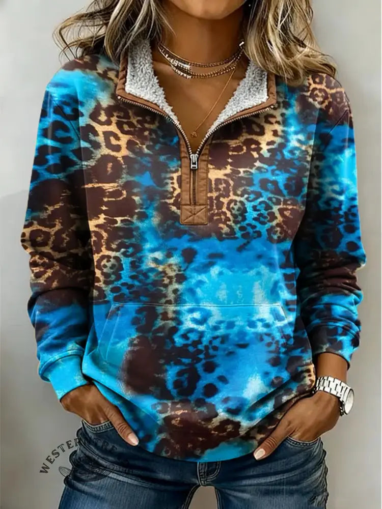 Retro Leopard Texture Casual Half-zip Cotton Sweatshirt