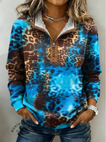 Retro Leopard Texture Casual Half-zip Cotton Sweatshirt