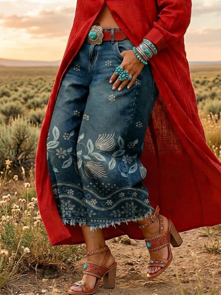 Women's Vintage Floral Print Casual Denim Wide Leg Pants