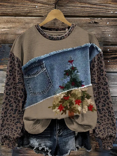 Embroidered Visual Christmas Tree Leopard Print Denim Patchwork Casual Cotton Sweatshirt