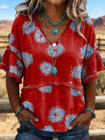 Vintage Art Western V Neck Cotton Linen Patchwork Shirt