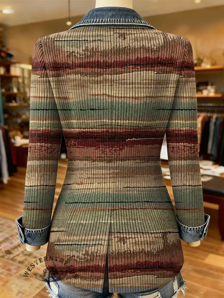 Retro Art Pattern Print Patchwork Denim Sweater Cardigan Coat