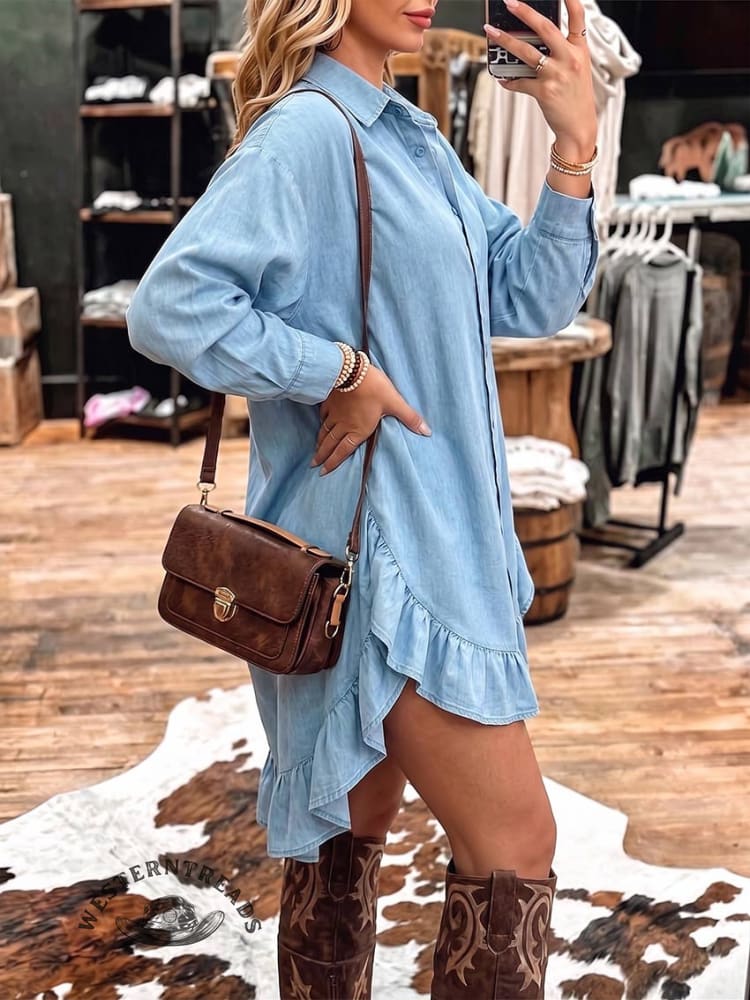 Cowgirl Denim Shirt Dress • High-low Ruffled Tunic