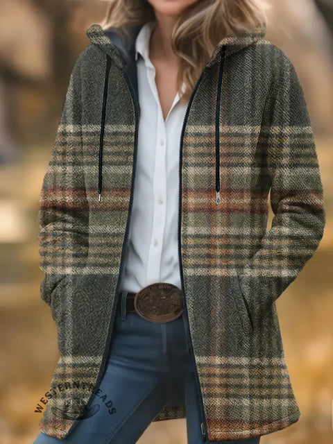 Checkered Print Unisex Plush Thick Long-Sleeved Cardigan Coat