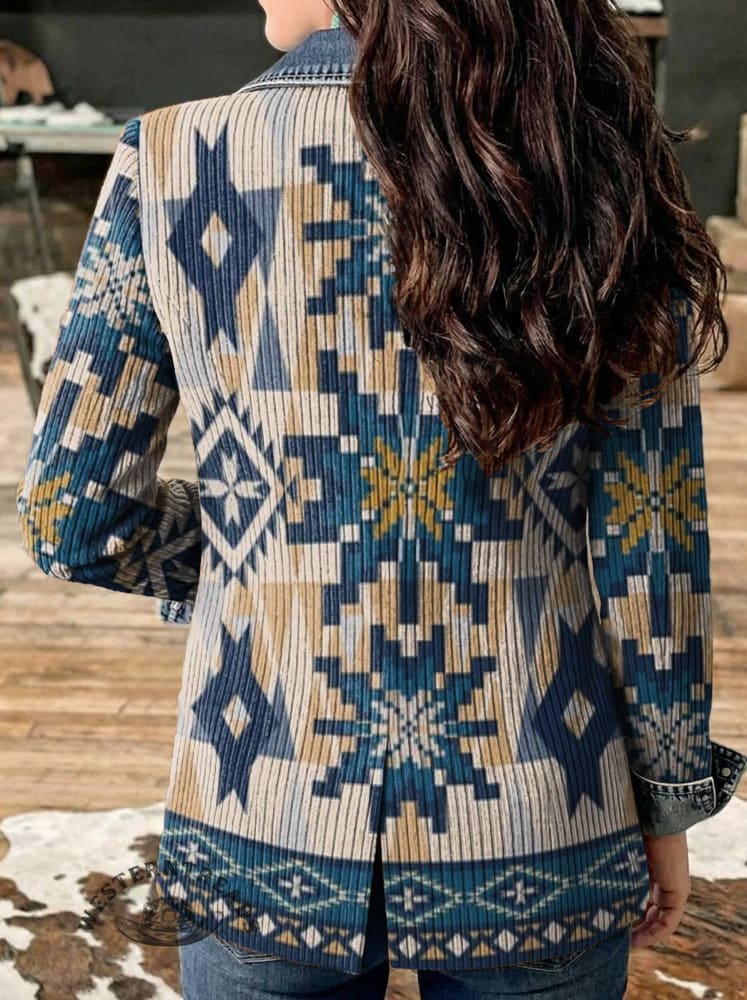 Aztec Print Patchwork Denim Sweater